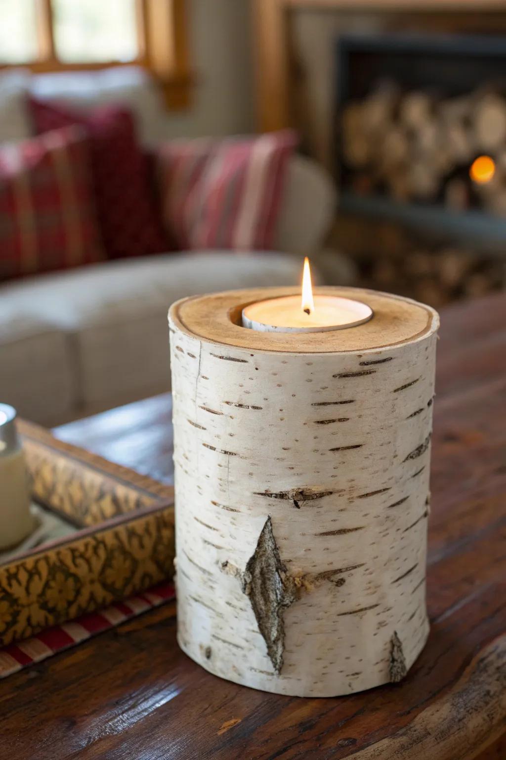 Illuminate your space with the rustic charm of handcrafted birch log candle holders.