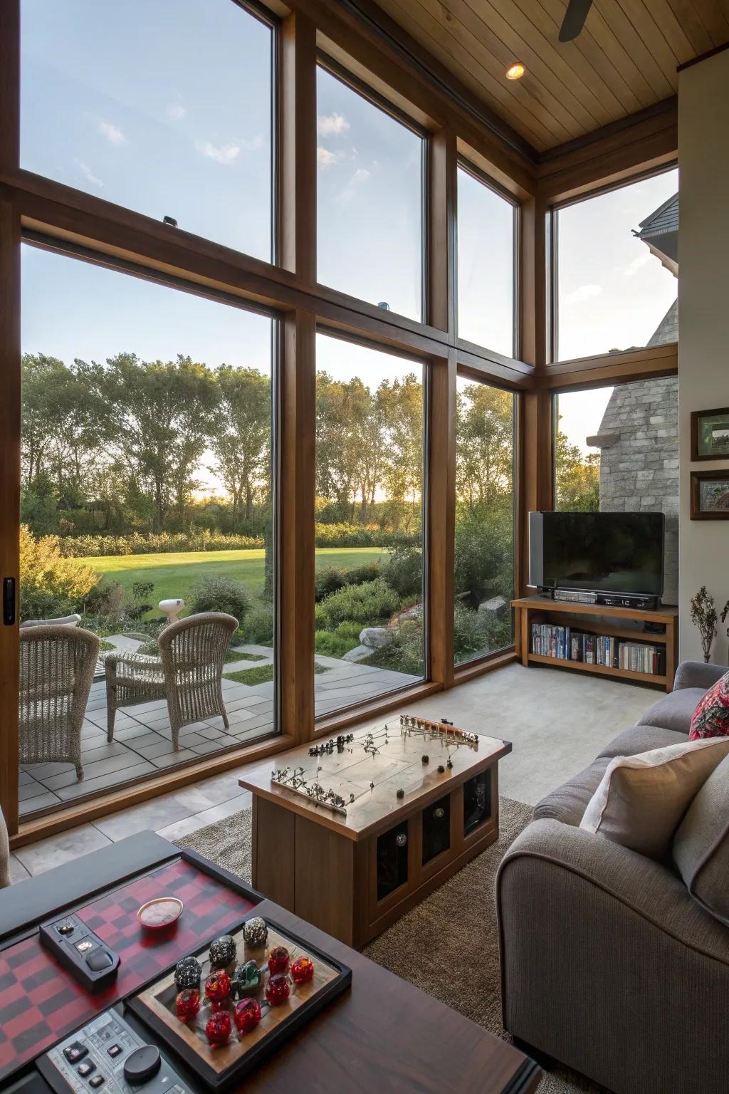 Indoor-outdoor flow enhancing the connection with nature in a game room.