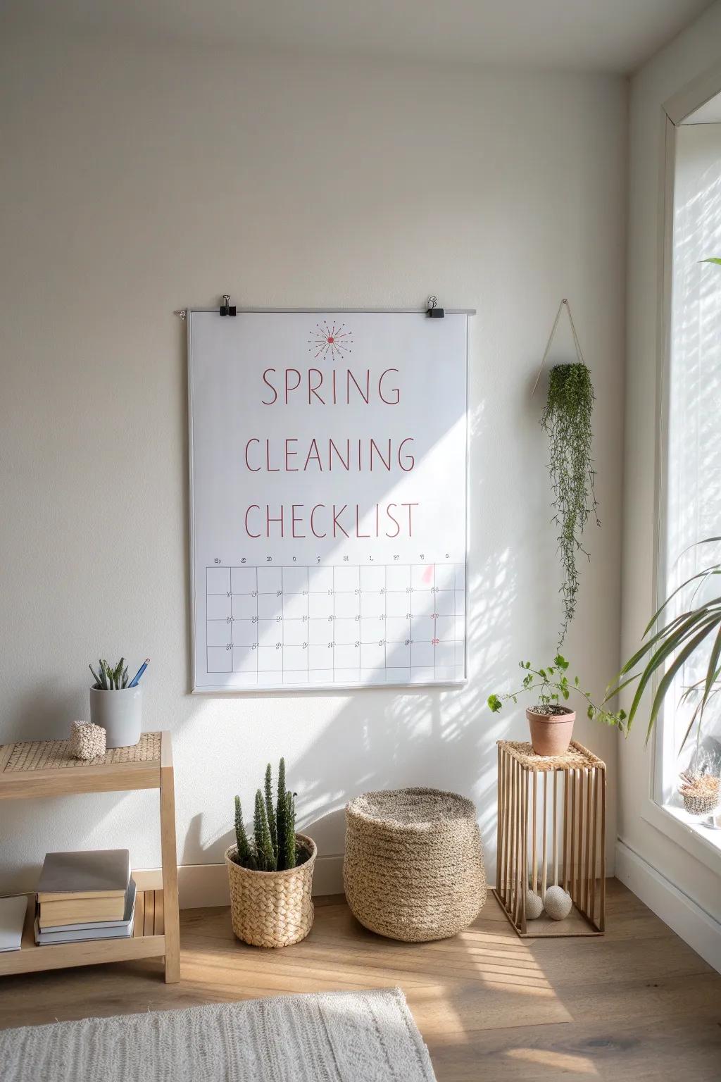 Transform your space with a charming spring cleaning checklist on your minimalist whiteboard calendar. Simplicity meets natural beauty!