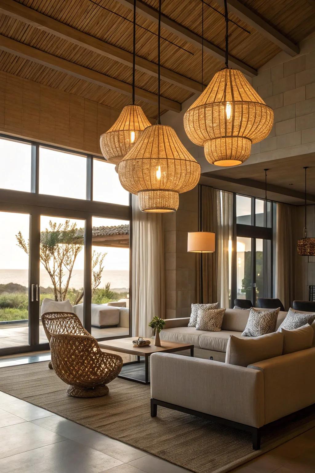 Natural fiber fixtures bringing warmth to a modern living space