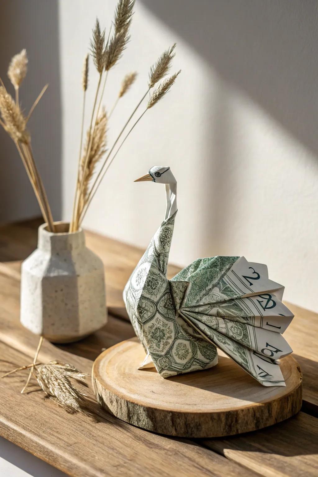 Elegance in simplicity: A regal dollar peacock for a touch of crafted beauty.