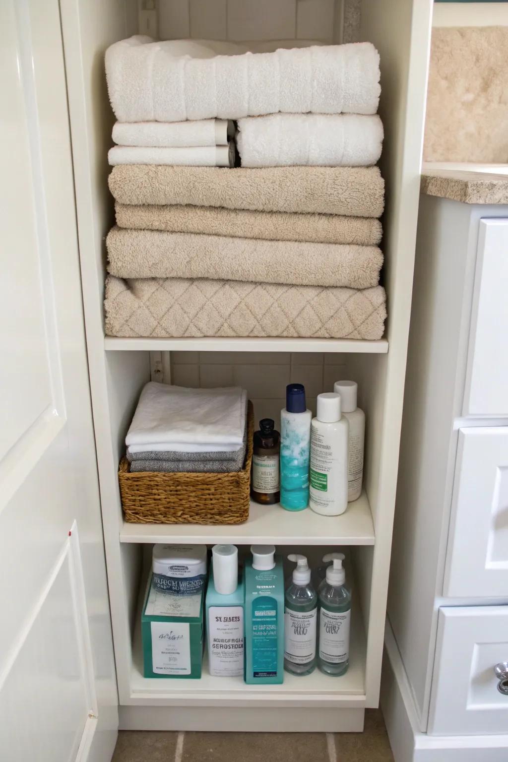 Narrow bathroom cabinets maximize storage without taking up space.