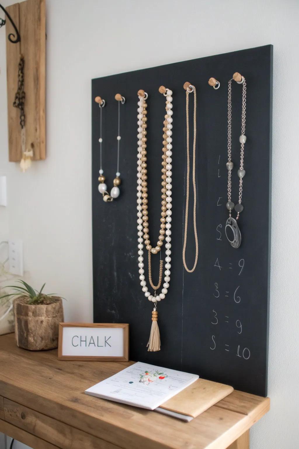 Elegance meets functionality with this chic chalkboard jewelry wall, a perfect blend of Scandinavian minimalism and Boho flair.