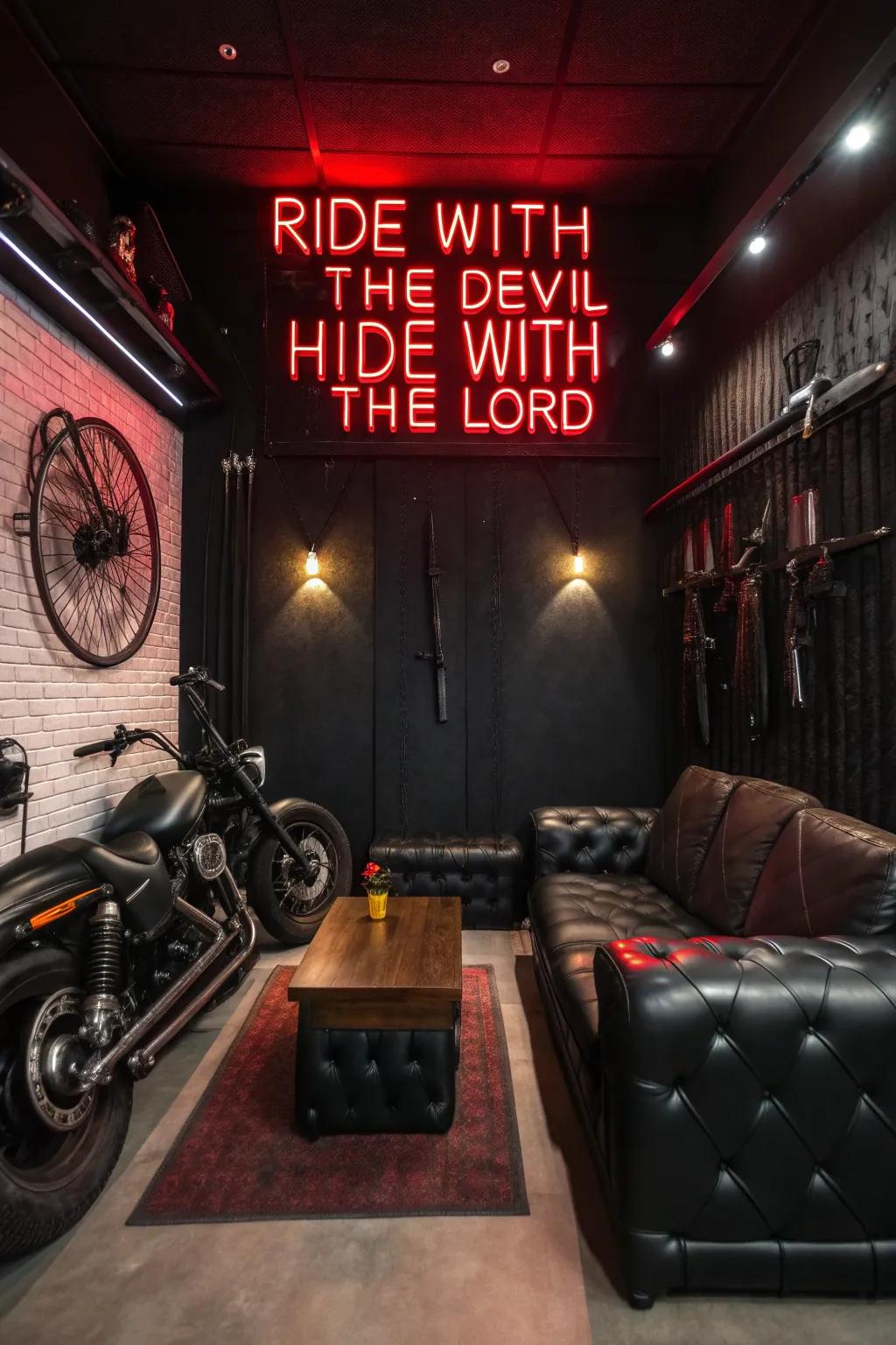 An edgy man cave with a 'Ride with the Devil, Hide with the Lord' neon sign.
