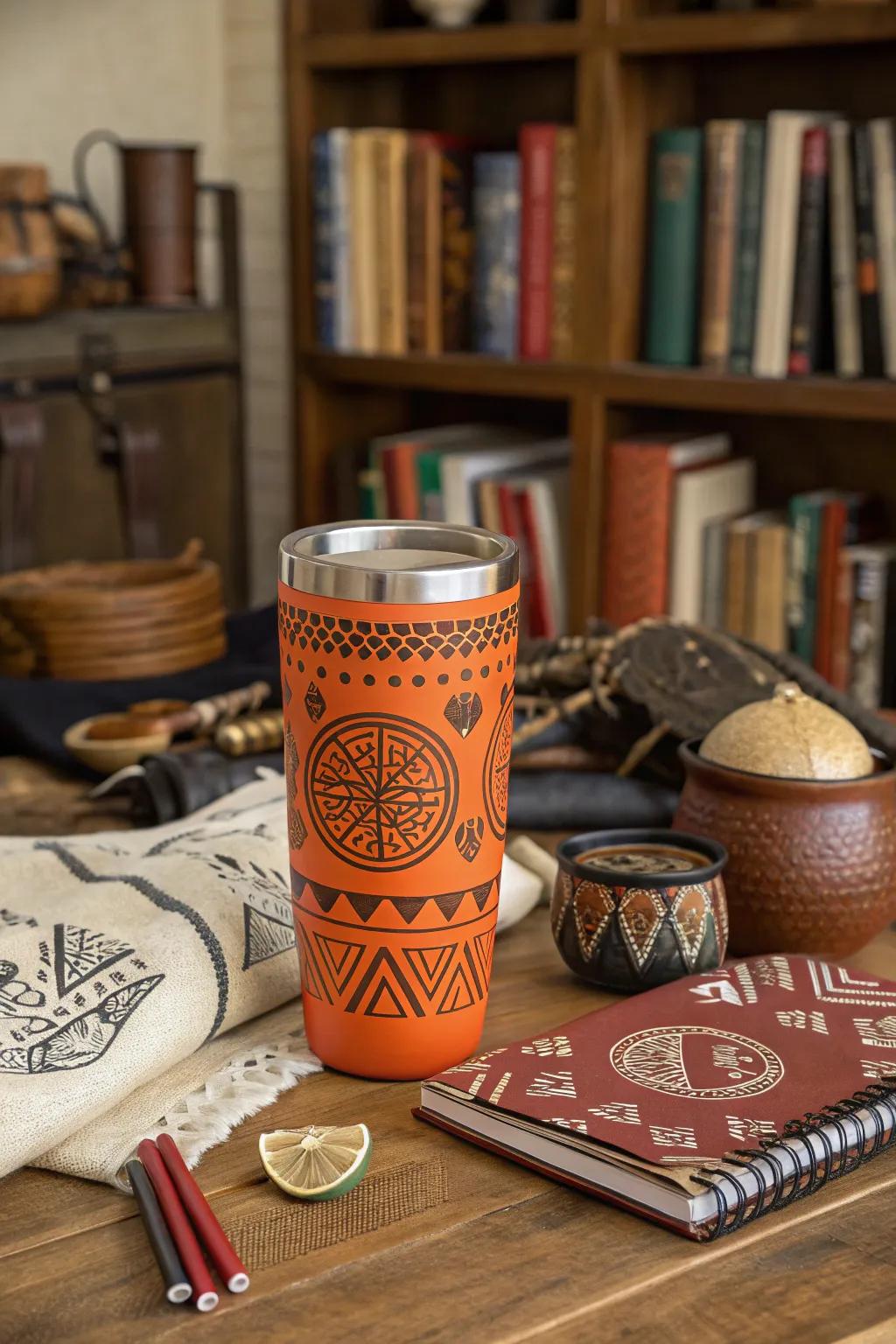 Cultural patterns celebrate diversity in tumbler designs.