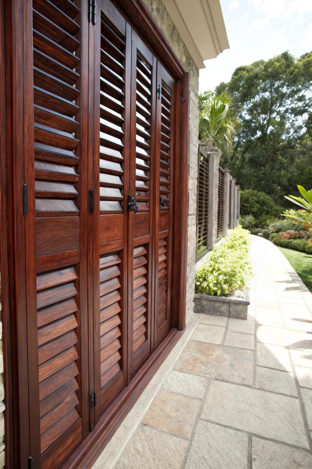 Discover elegance and functionality with handcrafted louvered shutters for your outdoor oasis.