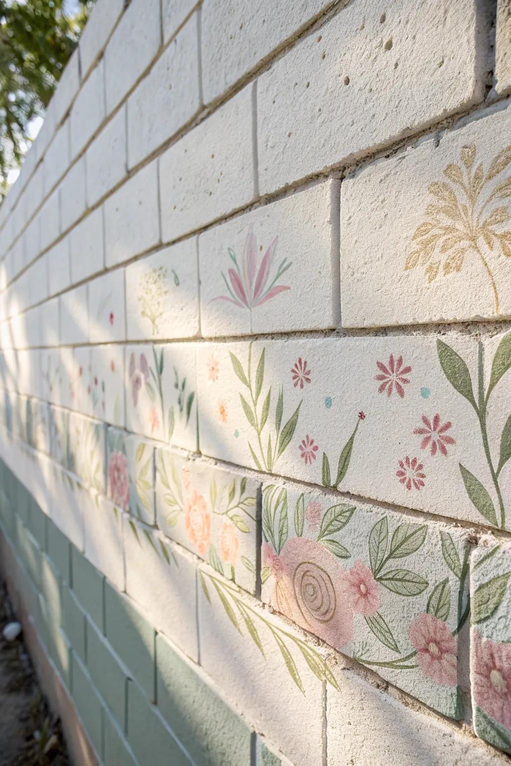 Transform plain into pretty: hand-painted wallpaper effect on a cinder block wall for a cozy and chic vibe.