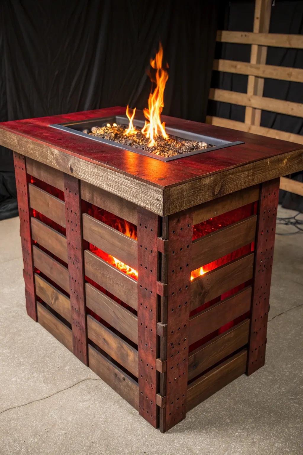 Elevate your outdoor gatherings with this striking pallet bar featuring a built-in fire pit, perfect for warmth and style.