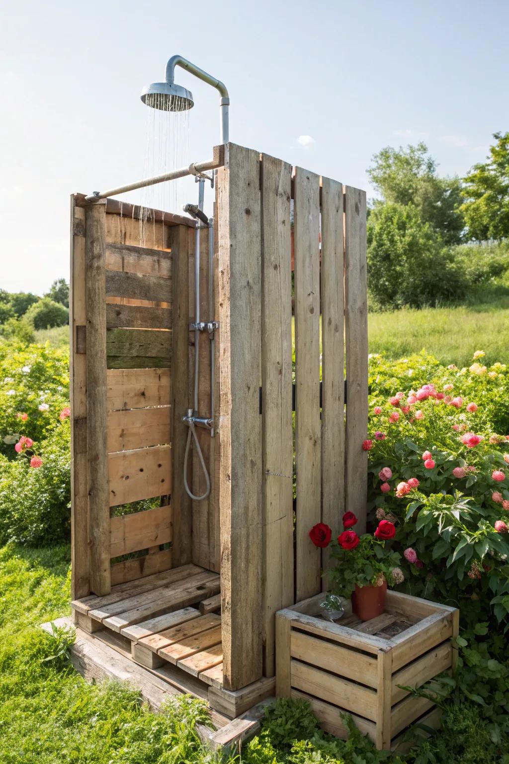 Refresh your senses with a handcrafted pallet outdoor shower, where rustic charm meets modern functionality.