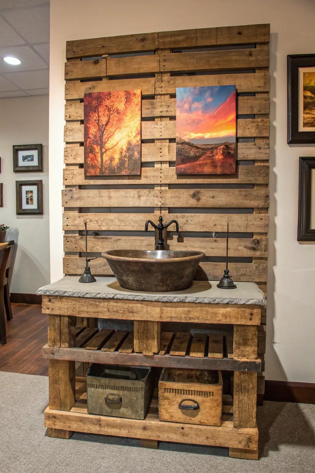 Elevate your space with a rustic pallet backdrop that showcases outdoor artistry.
