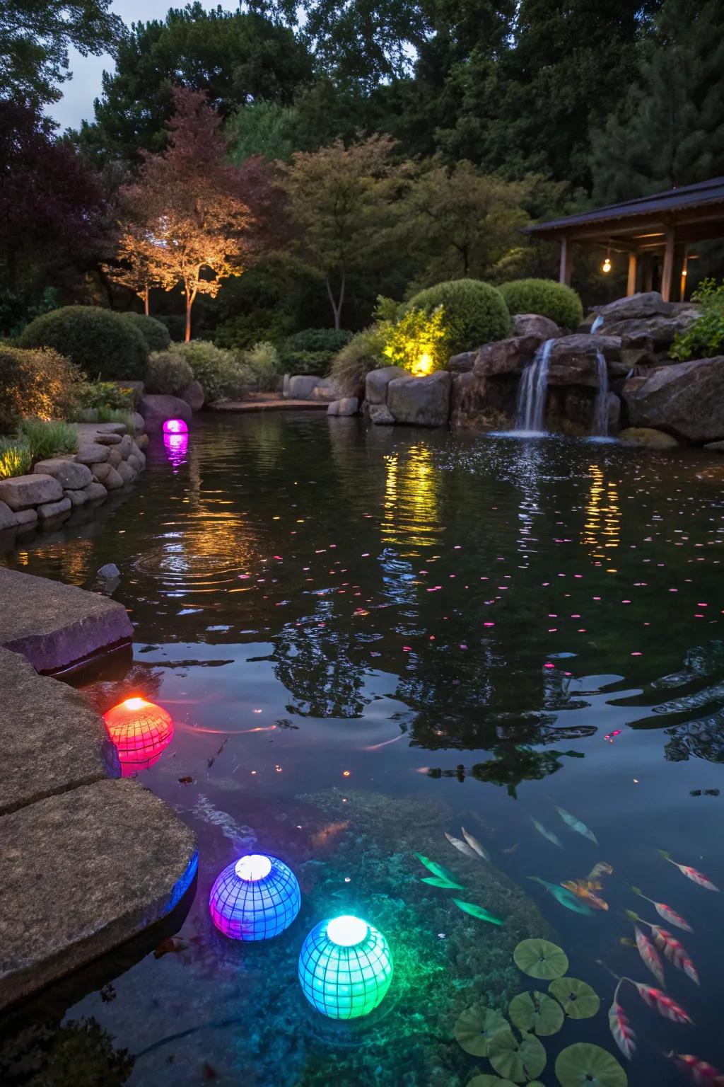 Underwater LED lights transform ponds into mystical features.