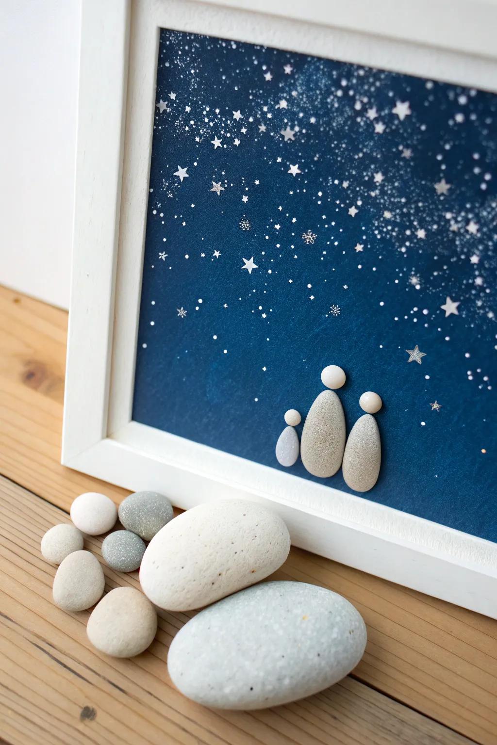 Under the Stars: A serene pebble family enjoys a dreamy night of stargazing.