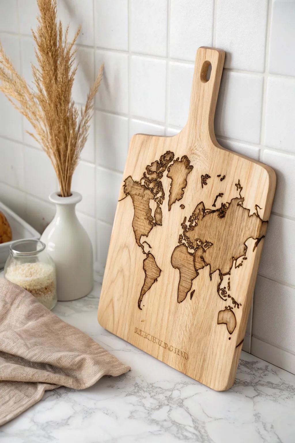 Explore the world from your kitchen with a stunning map-engraved cutting board. Perfect for sharing stories of your adventures!