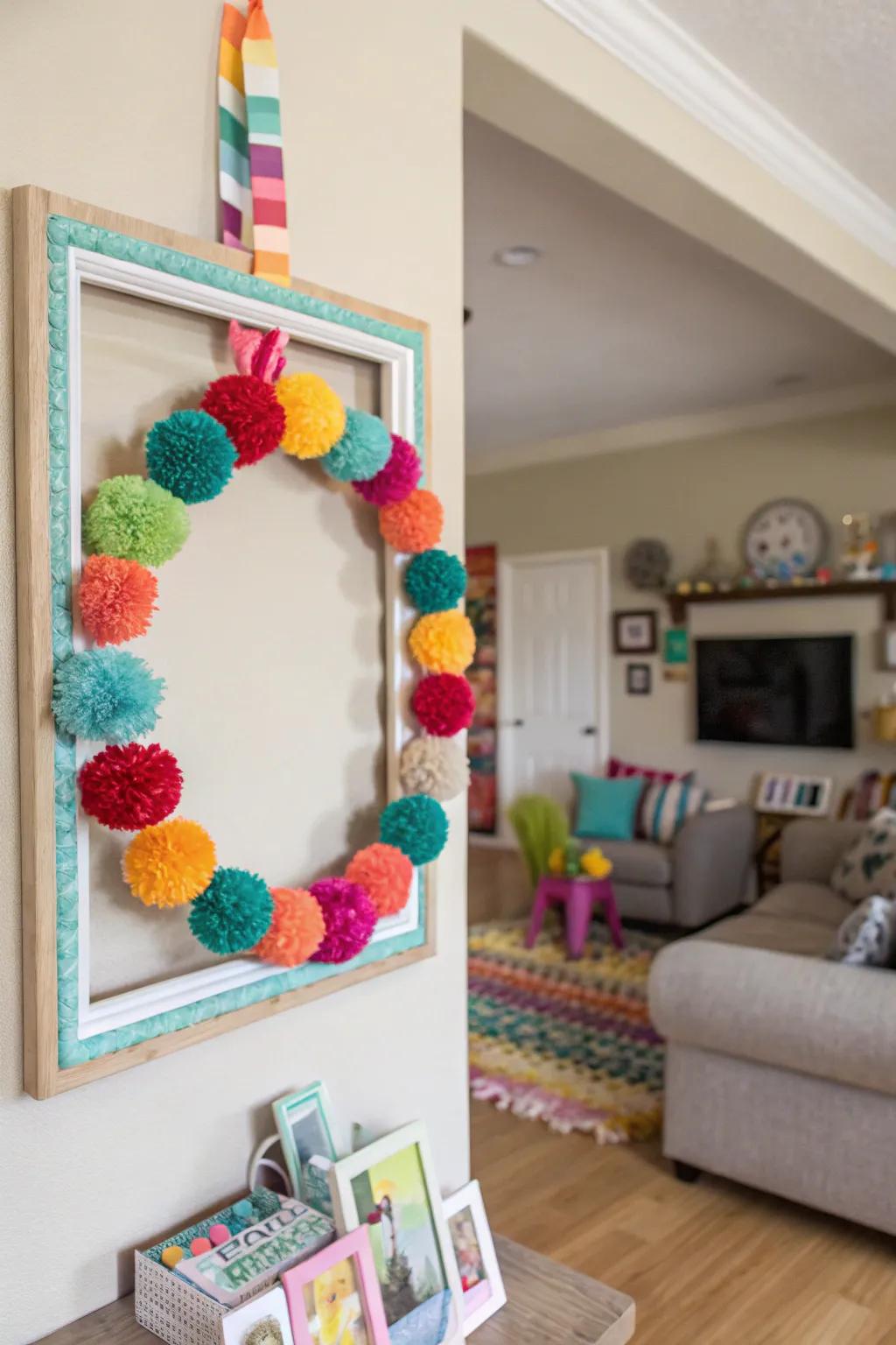Add a playful touch to your decor with a pom-pom wreath.
