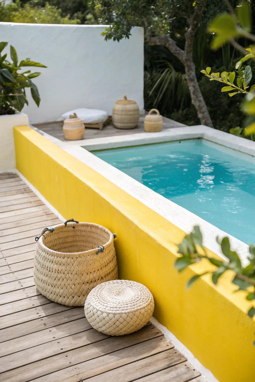 Illuminate your poolside with cheerful yellow accents for a sun-kissed, vibrant retreat.