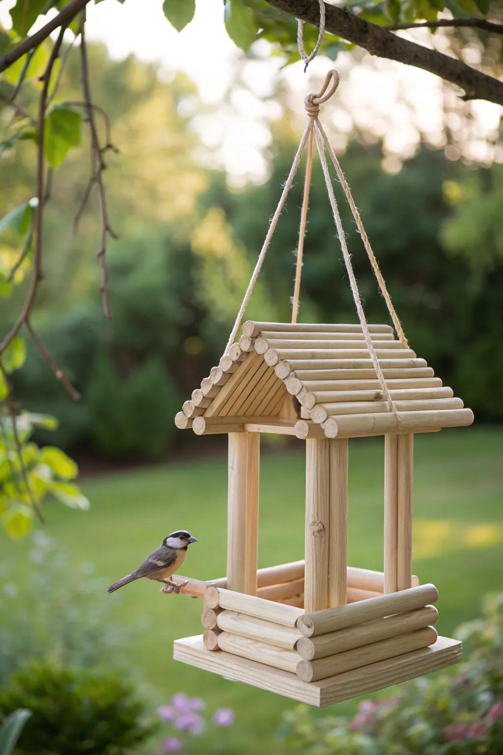 Invite nature closer with a charming popsicle stick bird feeder. Simple, elegant, and a perfect touch of boho beauty for your garden sanctuary.