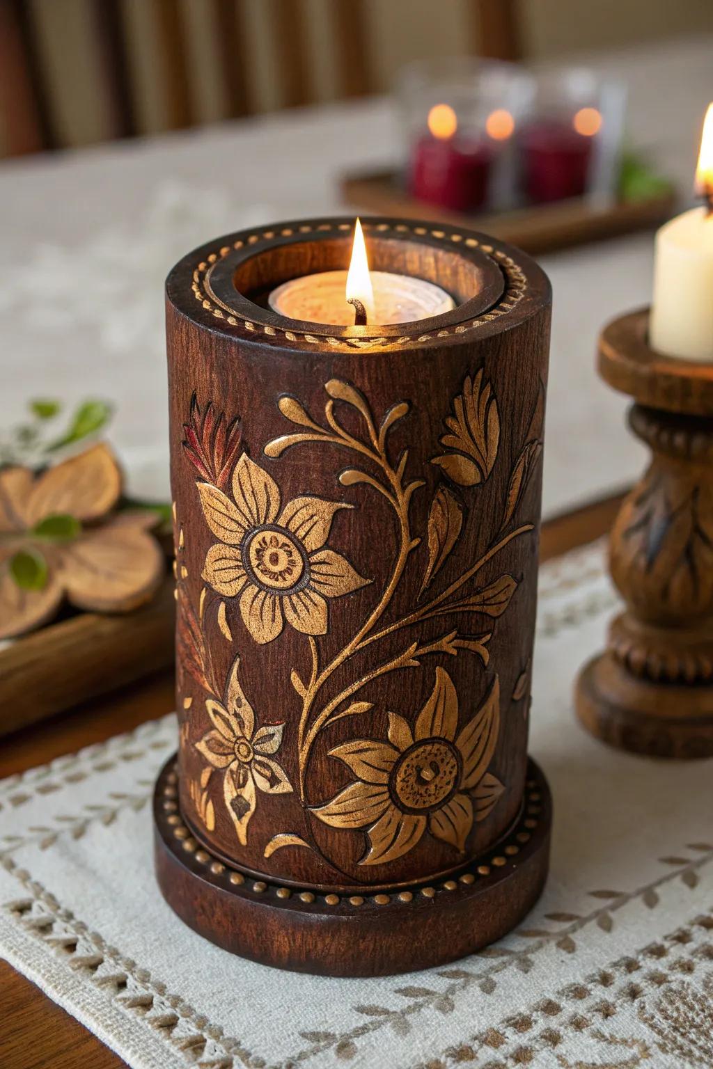 Illuminate your space with handcrafted elegance. Discover the art of pyrography with these stunning wooden candle holders.