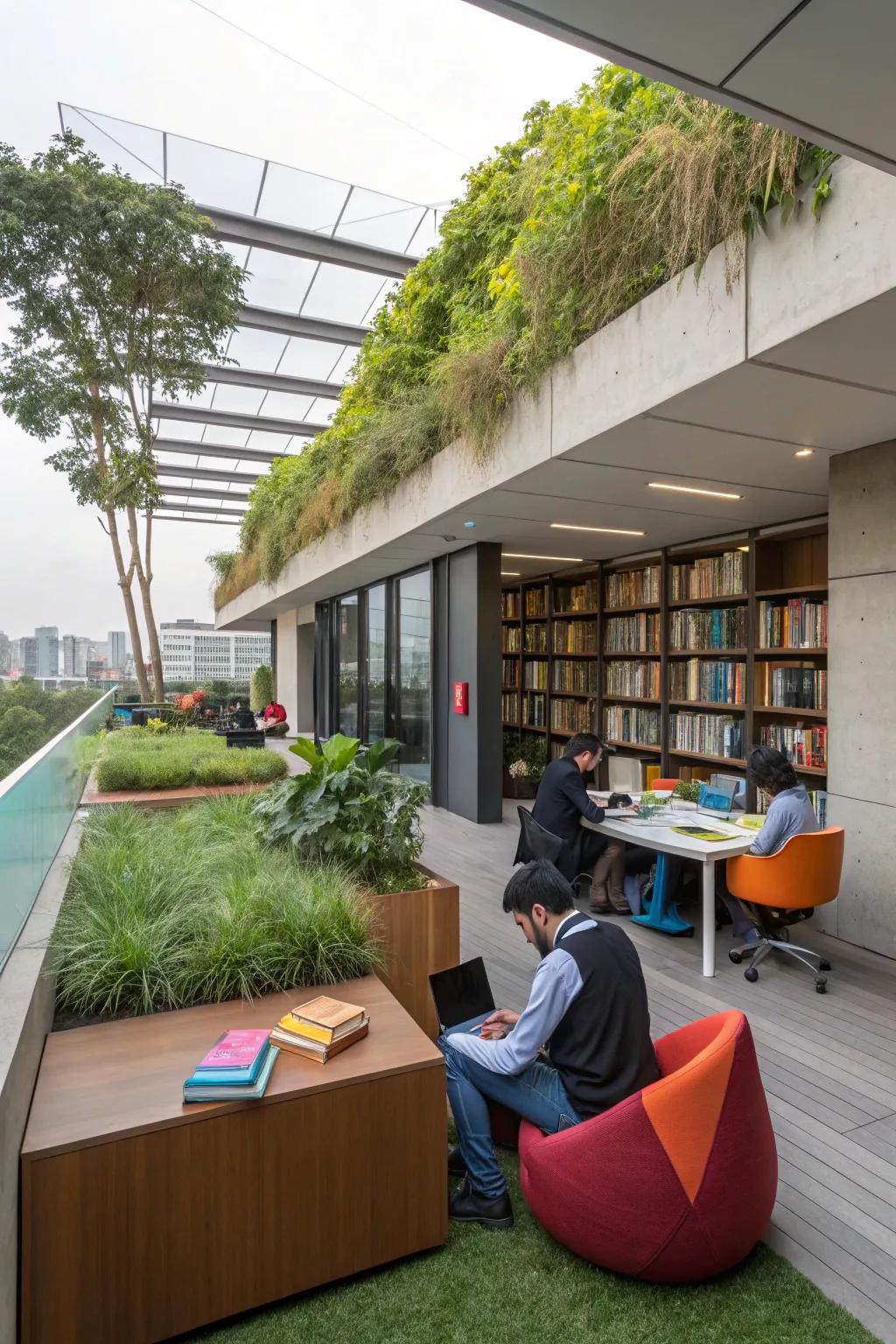 Unique office design featuring a hidden library and rooftop garden.