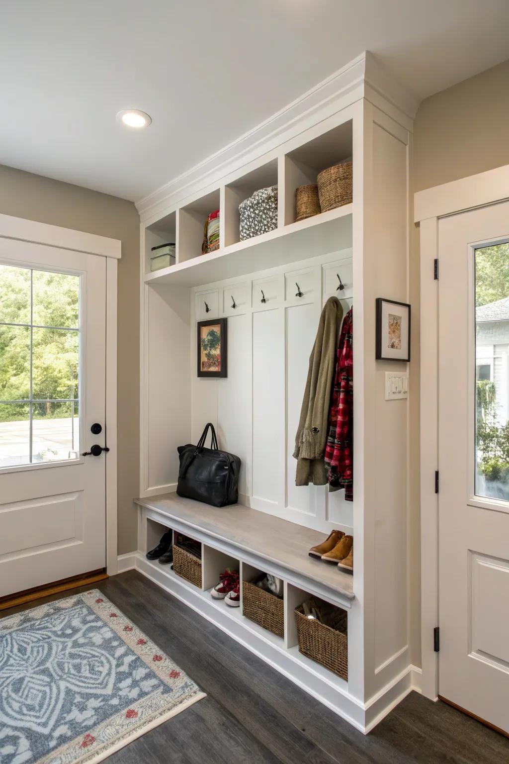 Hidden storage nooks provide a clutter-free solution for the entryway.