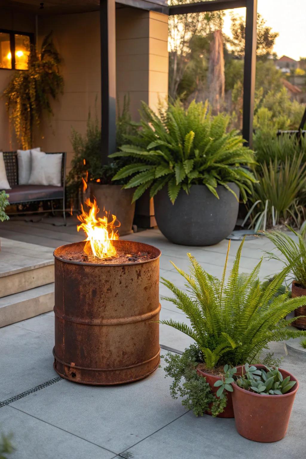 Transform your patio with a repurposed oil tank fire pit, where industrial meets nature in perfect harmony.