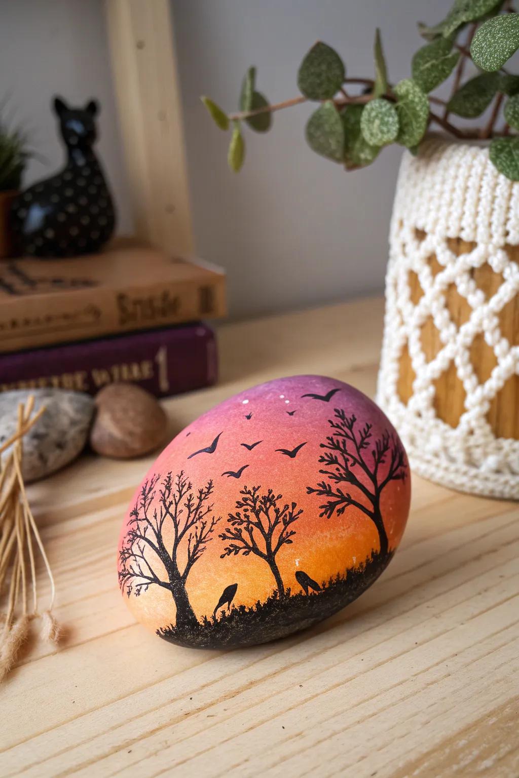 Capture the essence of each season with handmade sunset rock art, blending minimalist elegance with a touch of boho charm.
