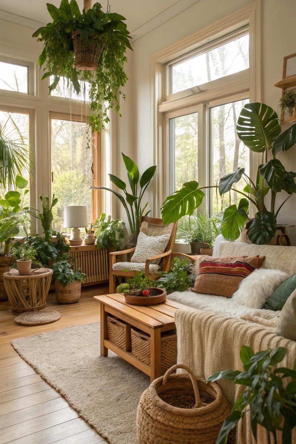 Eco-friendly elements bring a refreshing and earthy vibe to the space.