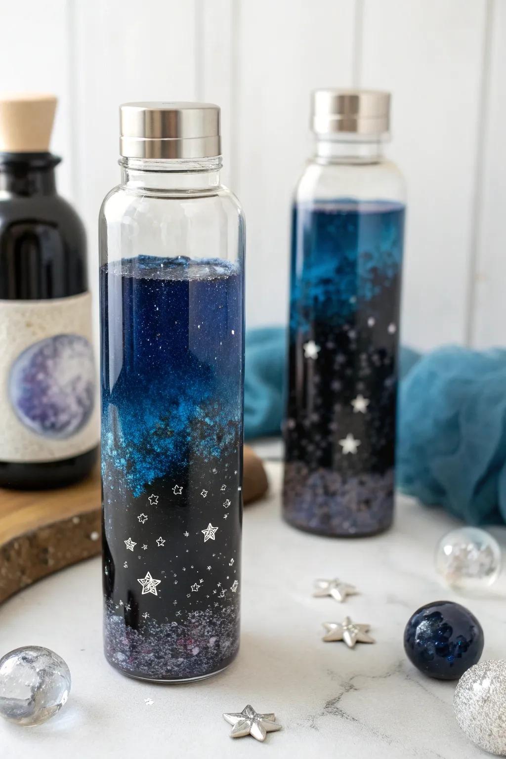 Embark on a cosmic journey with this handcrafted galaxy in a bottle.