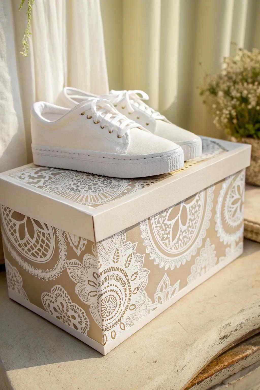 Transform your shoe box into a work of art with elegant lace patterns, perfect for adding a touch of feminine sophistication.