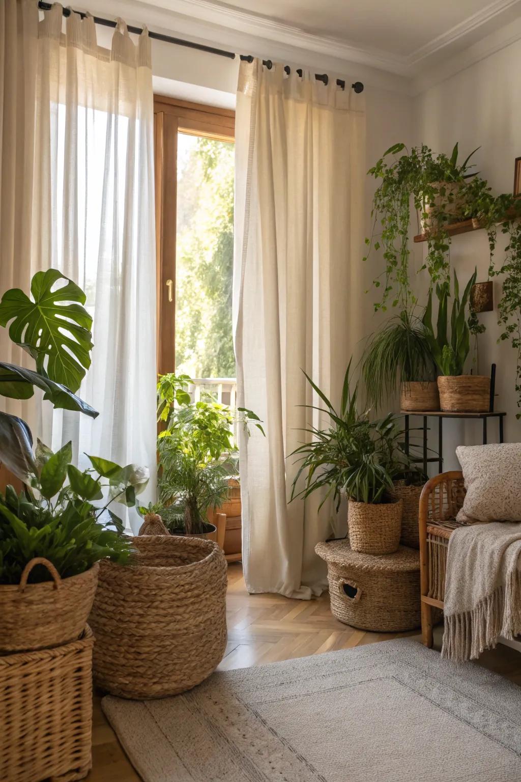 Short curtains paired with indoor plants for a refreshing look.