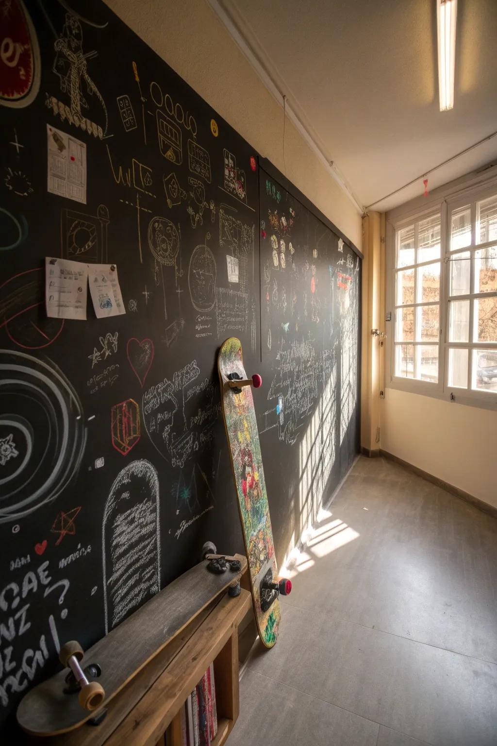 A chalkboard wall offering a creative outlet with skate designs.