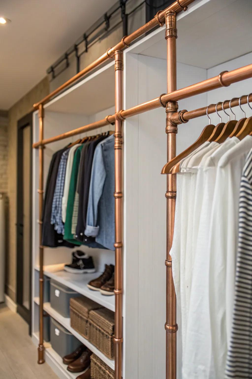 Copper pipes add a stylish industrial vibe to your closet.