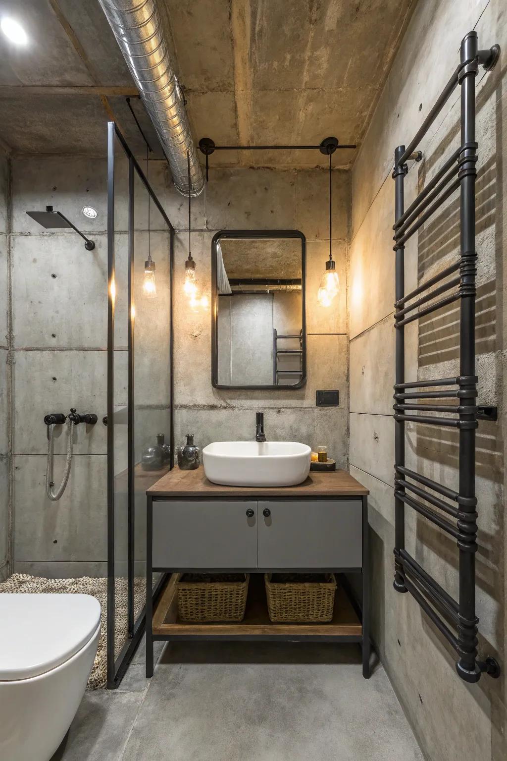 Industrial design brings an edgy vibe with metal and concrete elements.