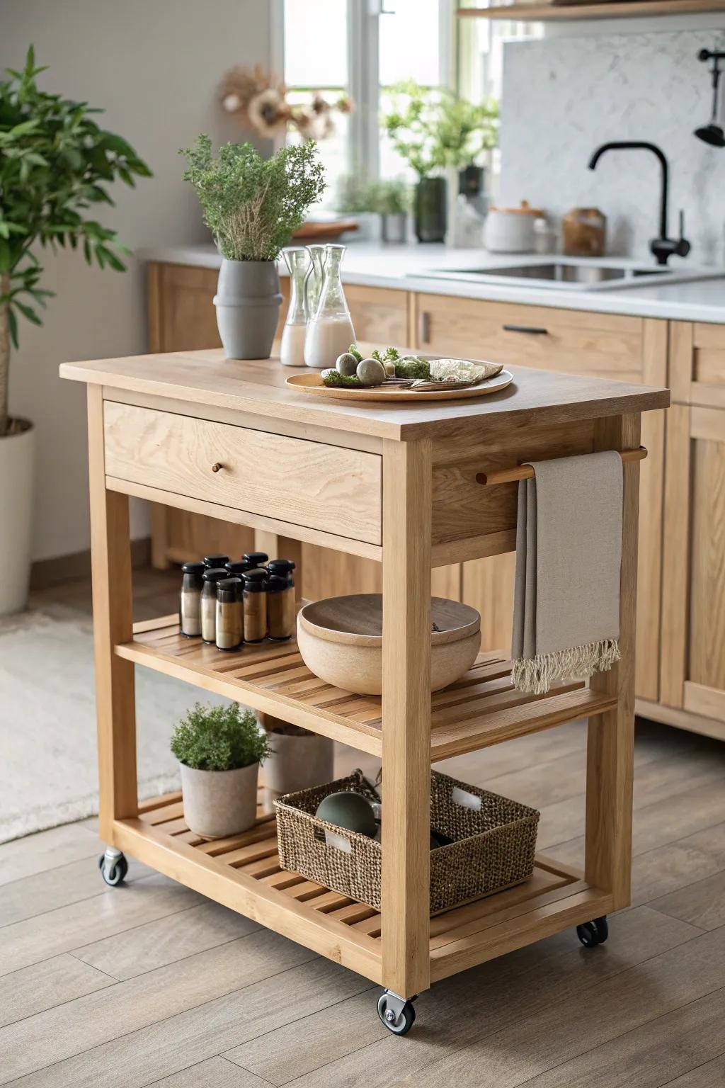 Transform your small kitchen with a stylish portable island—simplicity, mobility, and beauty in one elegant piece!