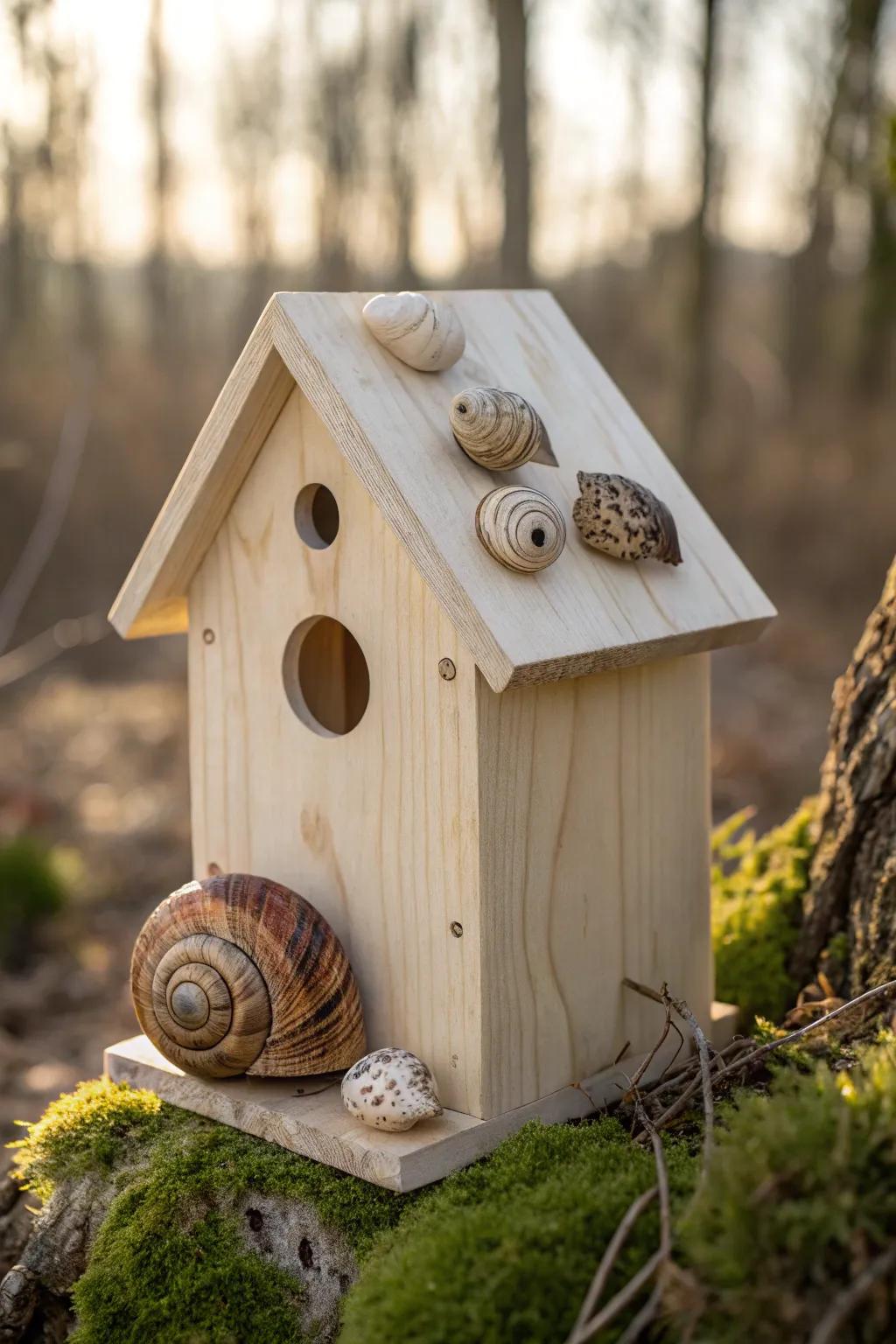 Transform your garden with this charming snail shell-adorned birdhouse, where simplicity meets nature's artistry.