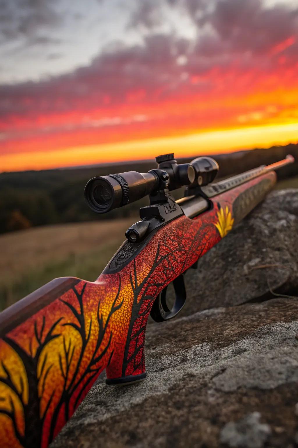Craftsmanship Meets Nature: A Sunset Captured in Bold Hues on a Rifle Stock