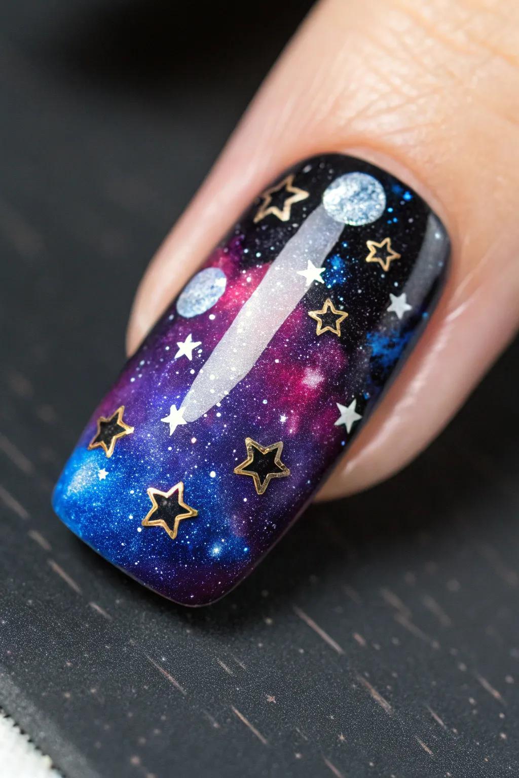 Elevate your style to cosmic heights with this stellar nail art masterpiece.