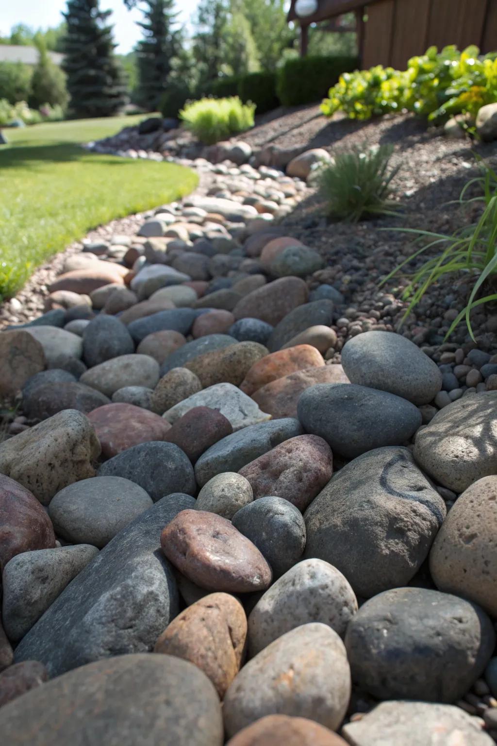Transform your garden with the serene elegance of river rock trenches.