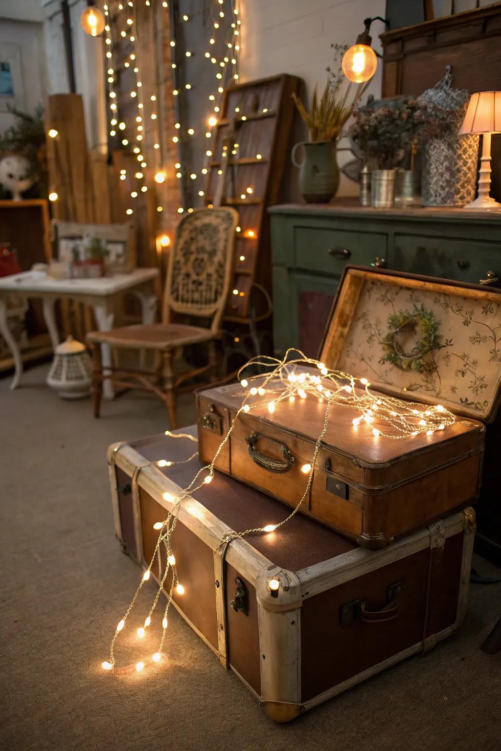 A vintage suitcase serves as a quirky and charming base for string light poles.