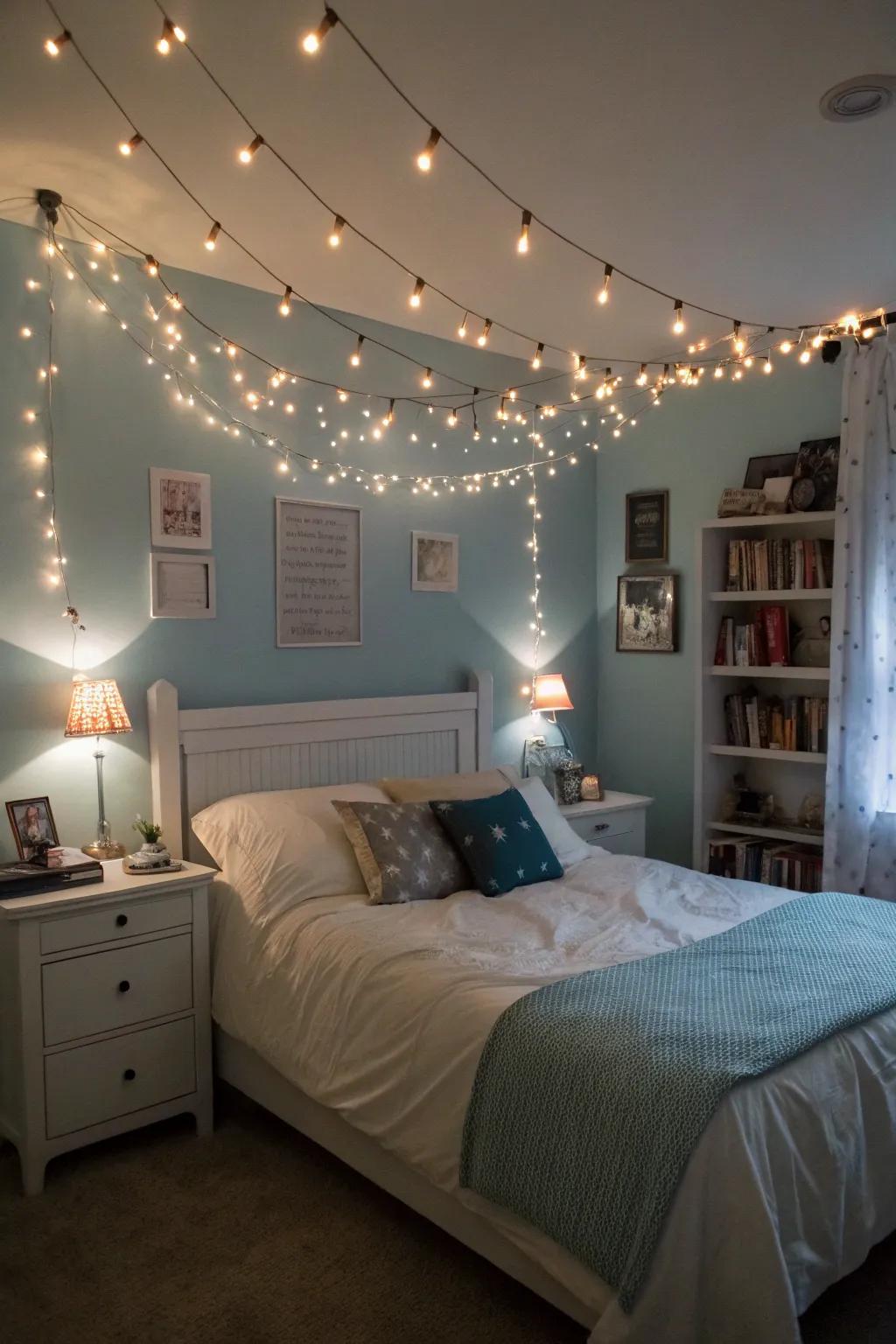 Fairy lights create a soft, enchanting atmosphere in your summer bedroom.