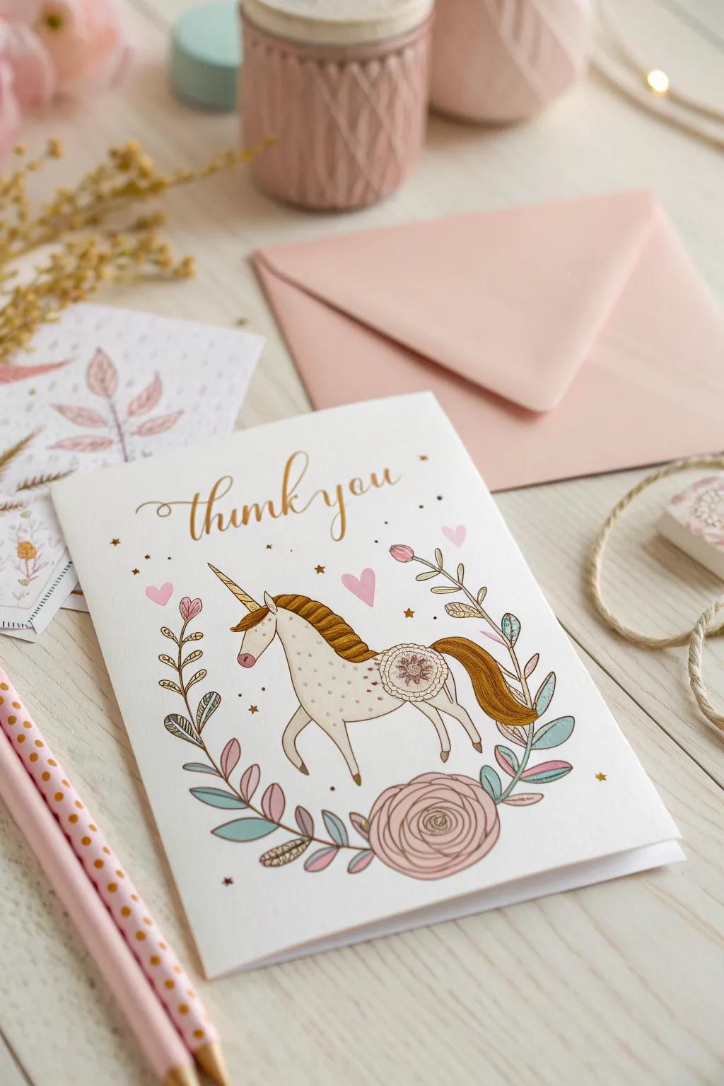 Capture the magic of gratitude with this enchanting unicorn thank you card, perfect for a touch of joy and elegance.