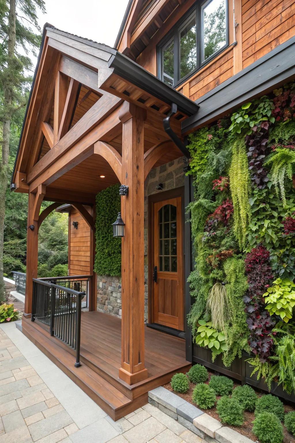 Elevate your porch with the perfect blend of craftsmanship and nature's beauty. #TimberCraft #VerticalGarden