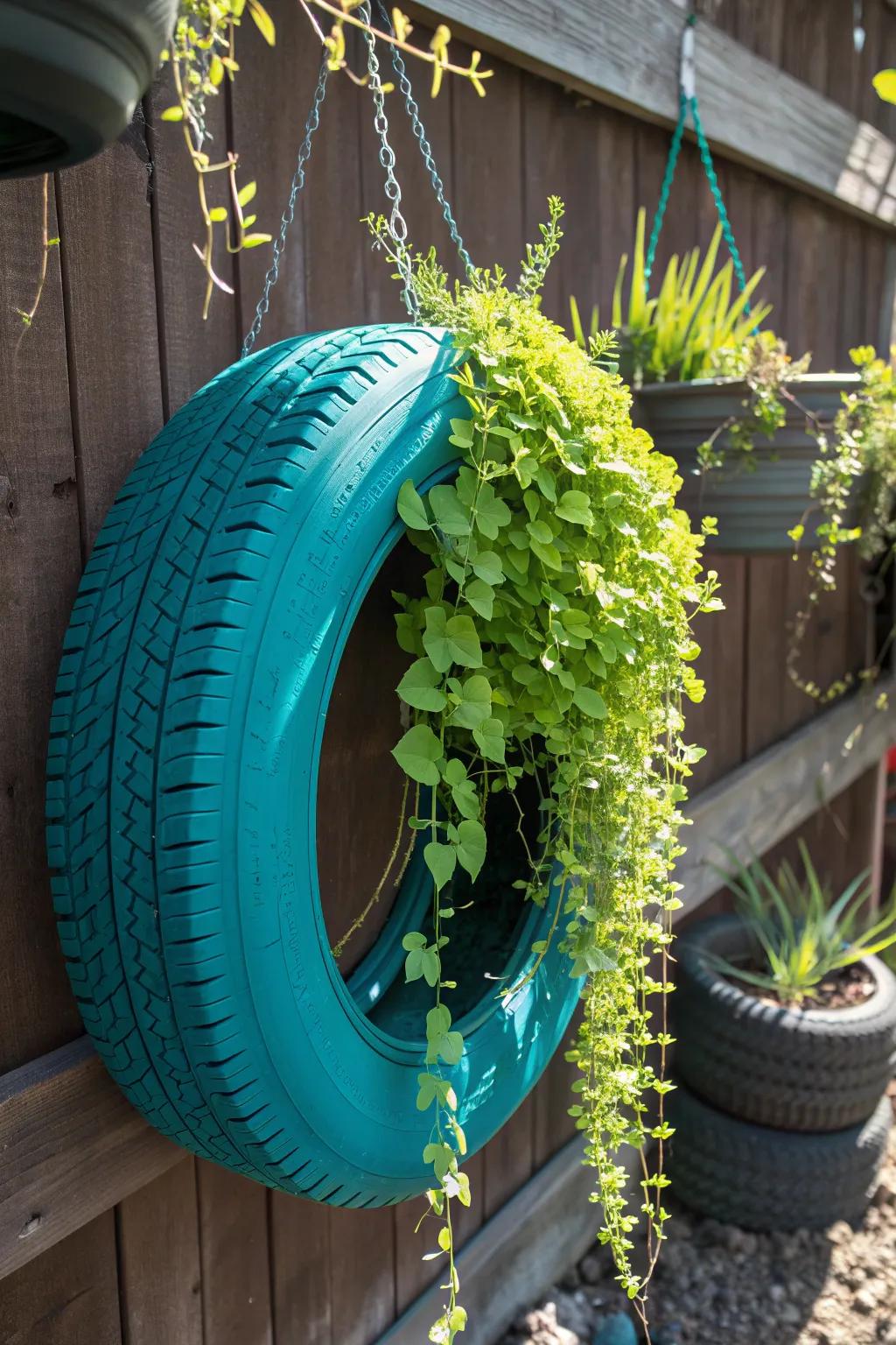 Elevate your garden game with a stunning tire planter featuring vertical greenery—where innovation meets aesthetic appeal.
