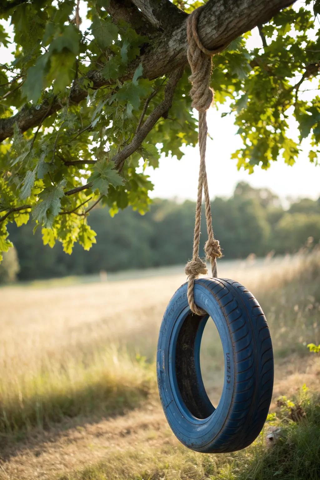 Embrace nostalgia with this rustic tire swing, where simplicity meets craftsmanship.