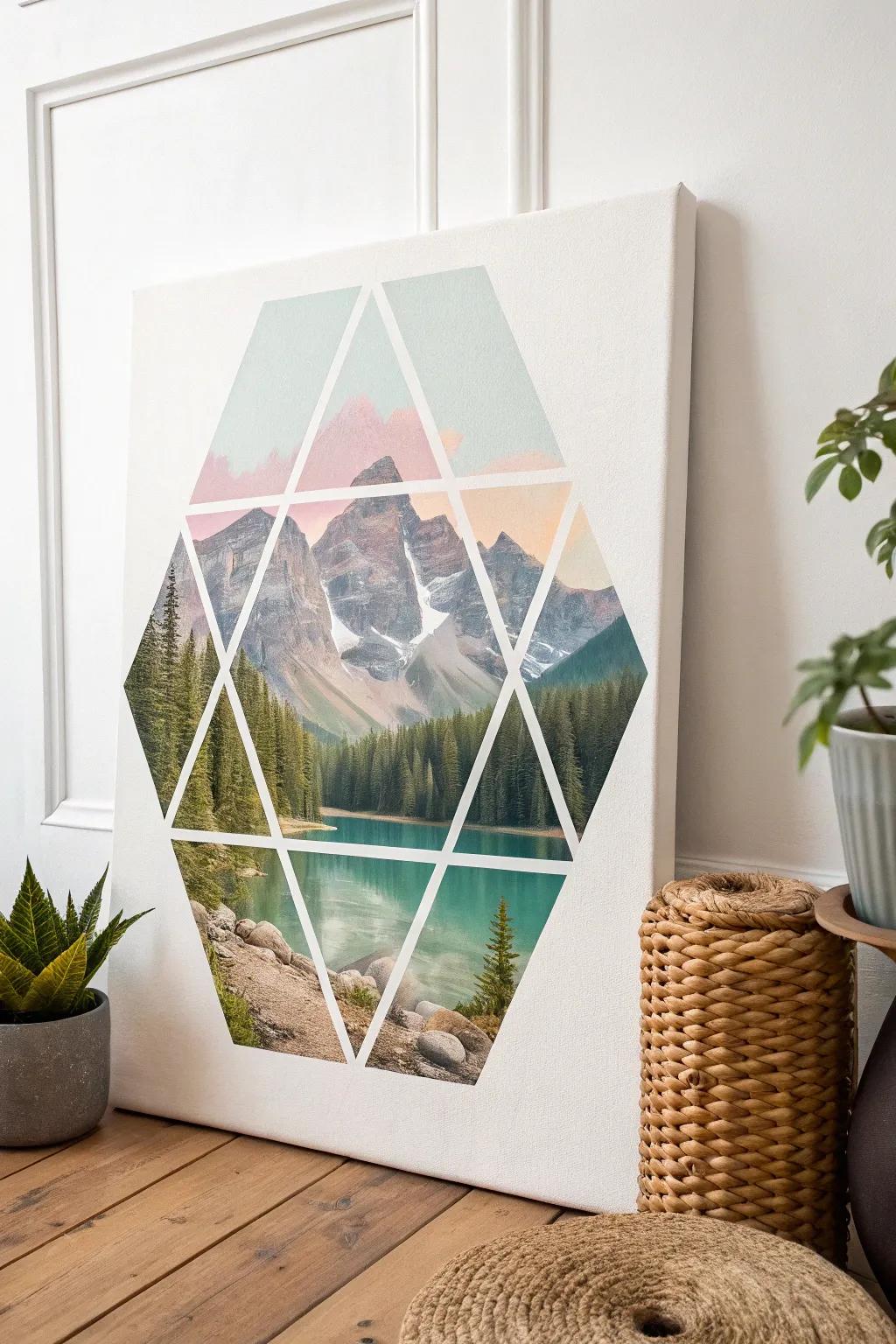 Discover the beauty of nature through the lens of geometry with this stunning geometric landscape painting.