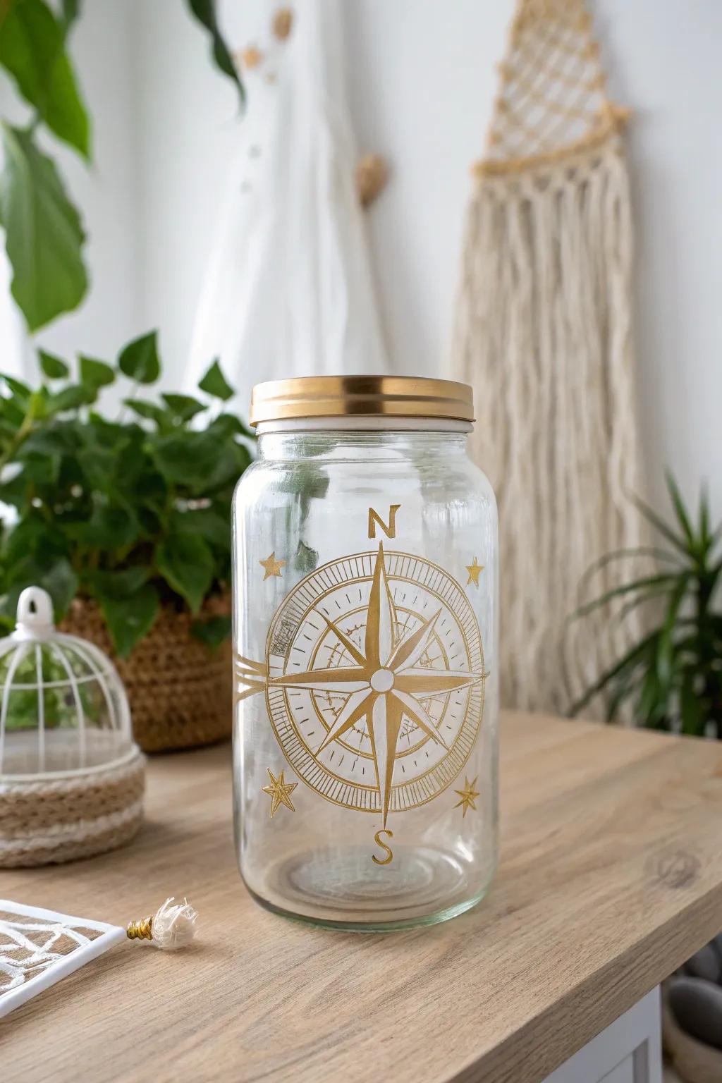 Chart your financial journey with a stenciled compass jar, a perfect blend of creativity and simplicity.