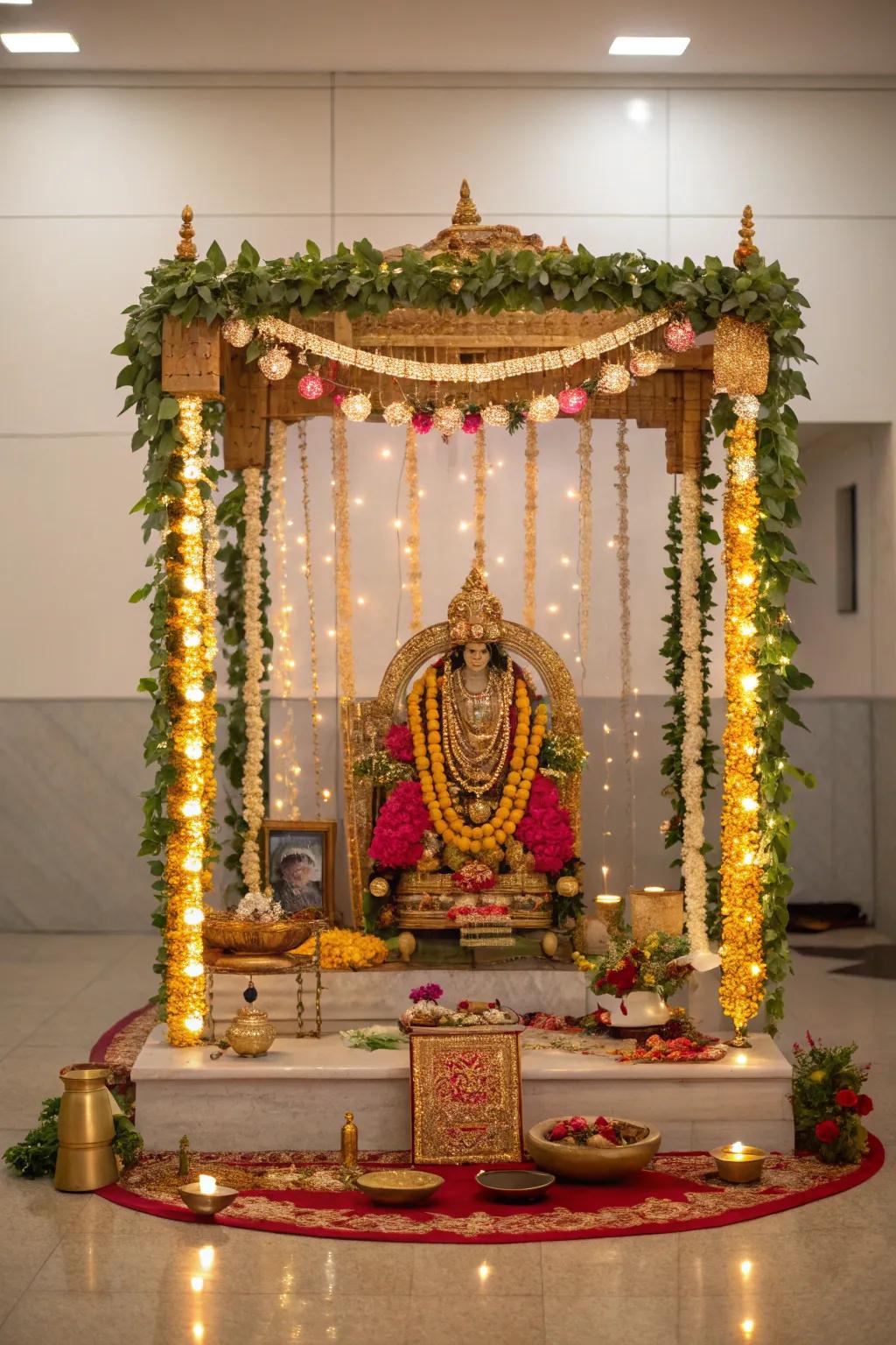 Customized Prabhavali adding a personal touch to the Varalakshmi Vratam decor.