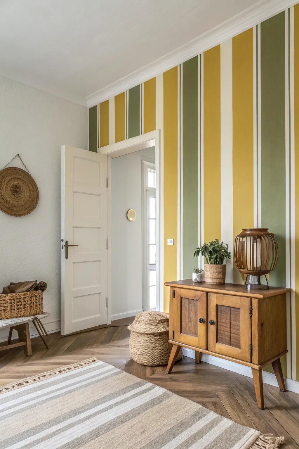 Embrace vintage vibes with mustard and olive stripes for a chic retro look.