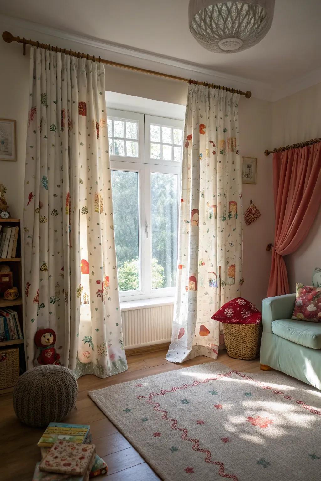 Whimsical curtains add a touch of fantasy.