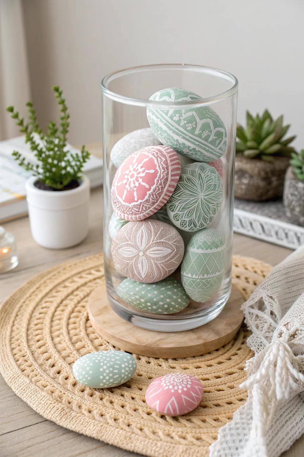 Transform your dining table with a vase of beautifully painted rocks—simplicity meets natural elegance.