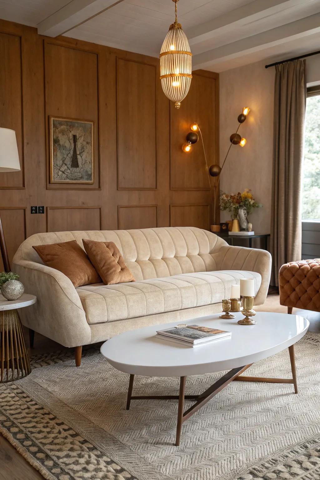 Mid-century charm with beige and white elegance.